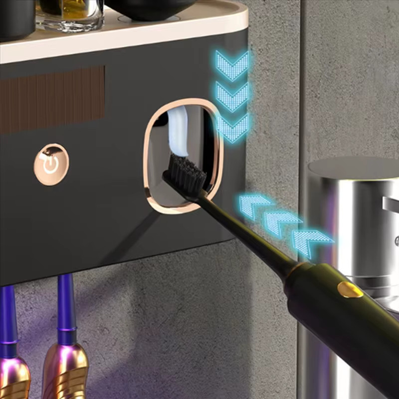 NOCCLILI 3-in-1 Elektrische Zahnbürsten-Desinfektionsvorrichtung mit Zahnpasta-Spender, Wandmontierter Zahnbürstenhalter in Schwarz und Gold - Bild 4