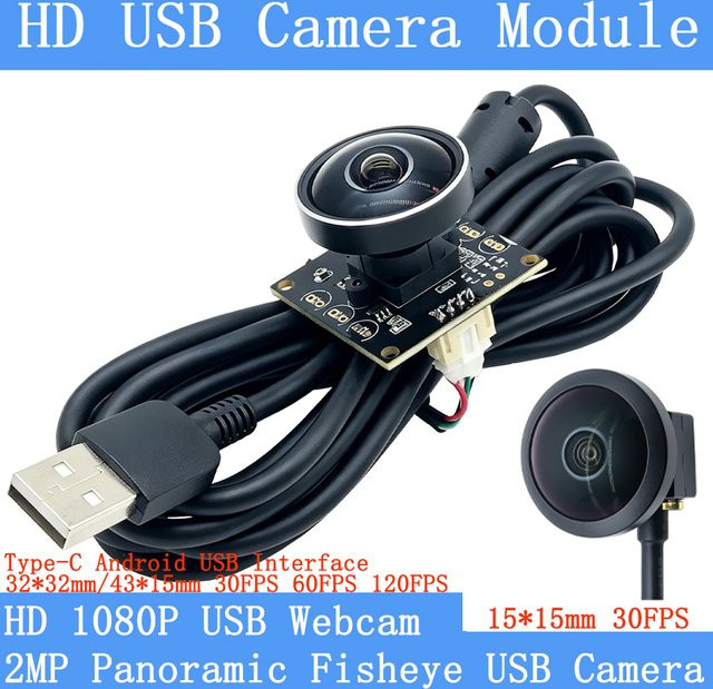 Aimetis USB-C Fisheye Weitwinkel Kamera OTG Modul mit Audio-Unterstützung, 2MP Full HD 1080P, Schwarz - Bild 1