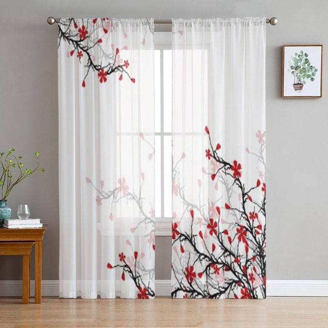 A Family Of Home Textiles Transparenter Voile-Tüll-Vorhang mit Kirschblütenmotiv in Weiß, 2er-Set, Breite: 135 cm, Höhe: 114 cm - Bild 1