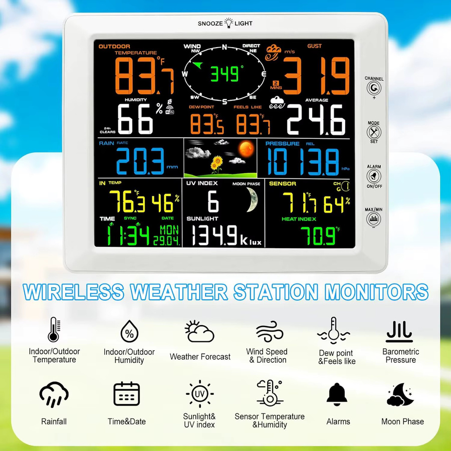 Urageuxy WiFi-Wetterstation mit 8,3-Zoll-Farbdisplay und kabellosem Außensensor in Weiß zur Messung von Regen, Windgeschwindigkeit, Windrichtung, Temperatur und UV-Index - Bild 2