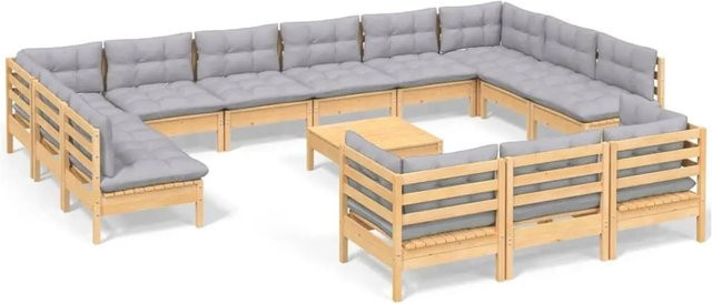 vidaXL 14-teiliges Garten-Lounge-Set aus massivem Kiefernholz in Braun-Grau mit grauen Polstern - Bild 1