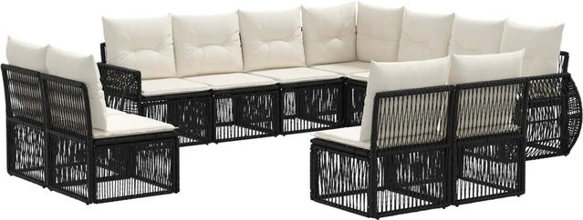 vidaXL Gartensofa-Set 11-tlg. aus Poly-Rattan in Schwarz und Cremeweiß mit Polsterauflagen und Kissen für Garten, Terrasse oder Balkon - Bild 1