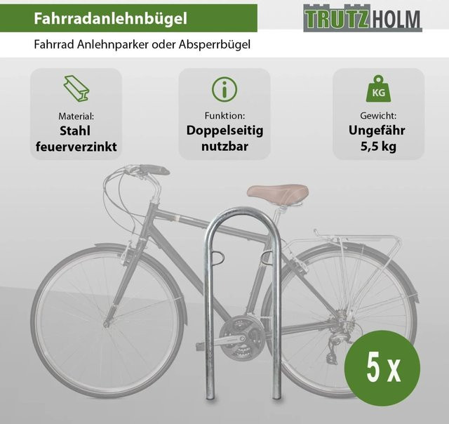 TRUTZHOLM 5er Set Fahrradanlehnbügel Typ U aus feuerverzinktem Stahl in Silber, B: 111,5 cm, T: 40 cm, Durchmesser: 49 mm - Bild 1