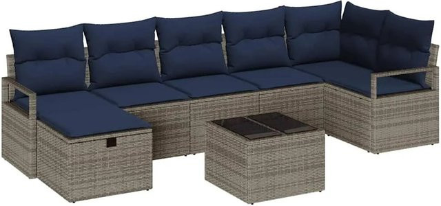 vidaXL 8-teiliges Lounge-Sofa Set aus Poly-Rattan in Grau und Marineblau mit Kissen und Tisch - Bild 1