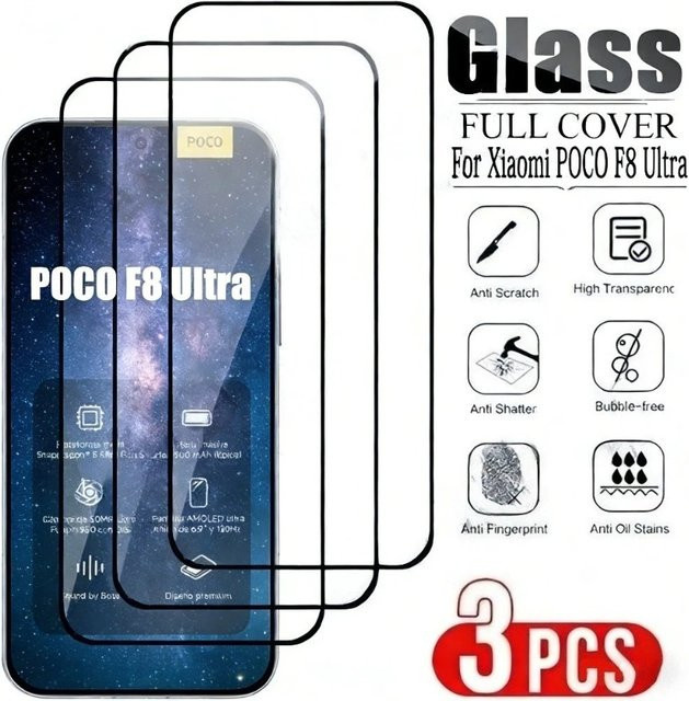 3-teiliges Displayschutz-Set aus gehärtetem Glas für Xiaomi Poco F8 F7 Ultra F6 F5 Pro F4 F3 GT sowie Poco X7 X6 X5 Pro X4 X3 GT in Transparent - Bild 1