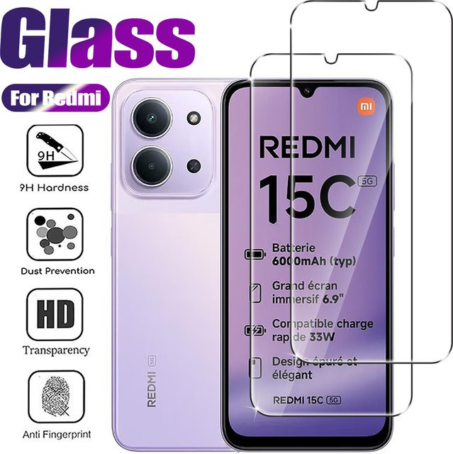 2 Stück Xiaomi Displayschutzfolie aus gehärtetem Glas für Redmi 14C 15C 13C 12C 10C 10X 9A 9T 8 9 10 12 13 4G 5G transparent - Bild 1