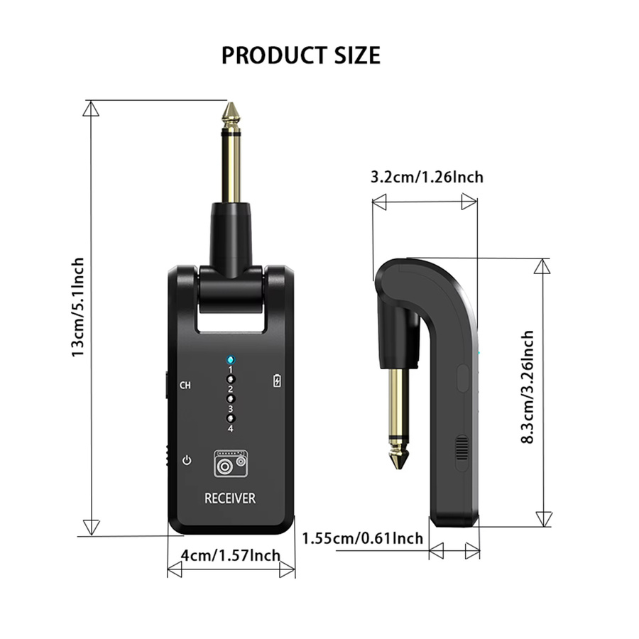 Kabelloses Gitarrensystem 2,4 GHz mit 8 Kanälen, wiederaufladbares Audiosystem mit Sender und Empfänger für Gitarre und Bass, Schwarz - Bild 2