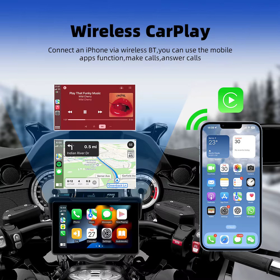 EKIY 7,0 Zoll Motorrad GPS Navigation mit Android 13, Wireless CarPlay und Wireless Android Auto, WiFi, Schwarz - Bild 4