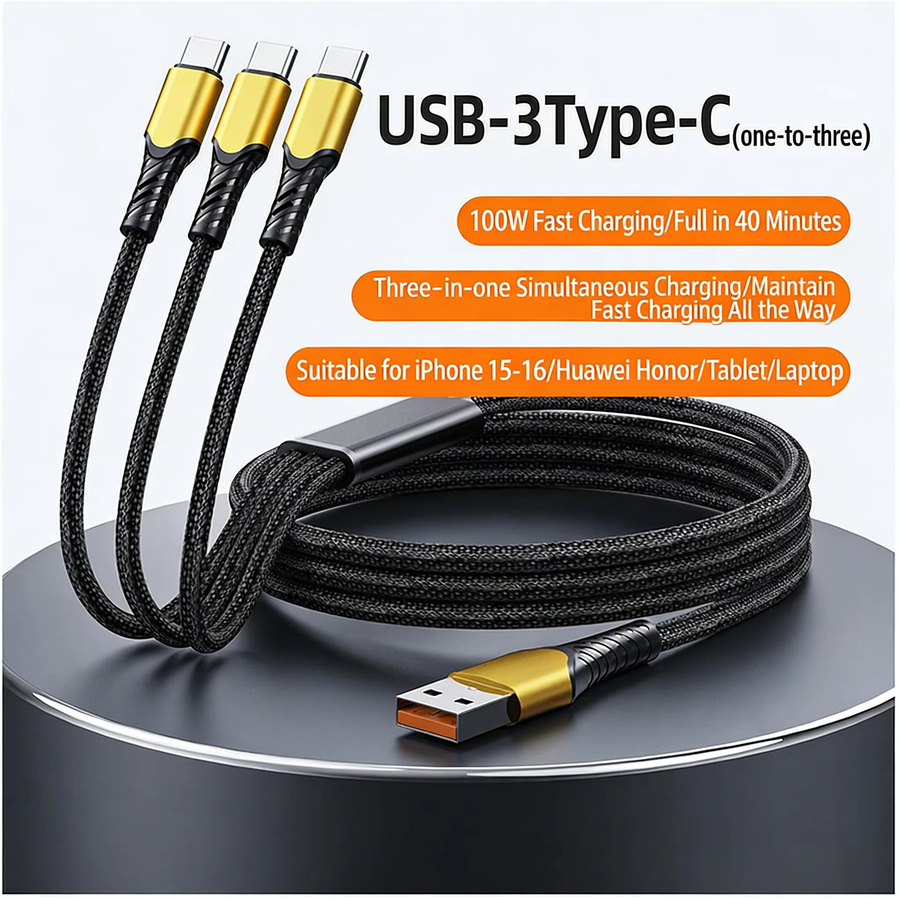 VBVC 3-in-1 USB-C Schnellladekabel mit 100W Leistung, 3x USB-C Anschlüsse, Schwarz - Bild 3