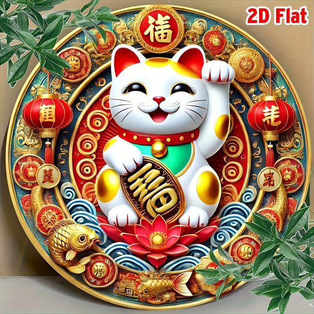 Potdemiel Maneki Neko Aluminium-Wandkunst, runde Wanddekoration mit Laternen und floralen Motiven in Rot und Gold, Durchmesser: 20,32 cm - Bild 1