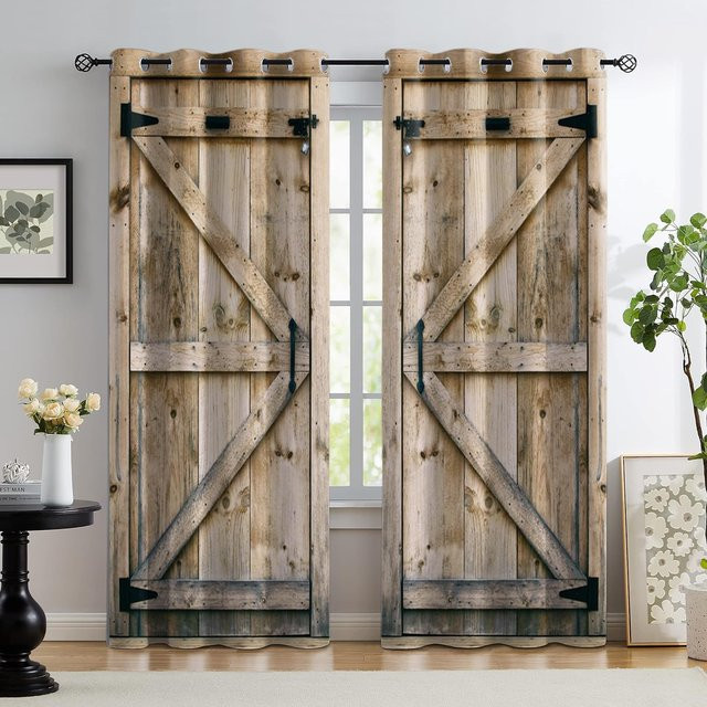 Yiran Furniture Vorhänge im Vintage-Design mit Holzbarn-Tür-Motiv, 2er-Set, Farbe: Braun, Breite: 50 cm, Höhe: 130 cm - Bild 1