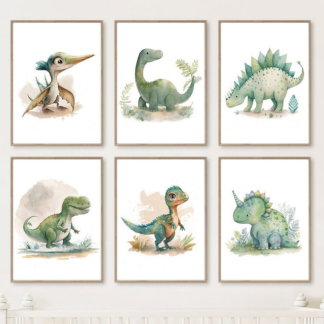 Potdemiel Kawaii Dinosaurier Leinwand Wandbild für das Kinderzimmer im Portraitformat - Bild 1