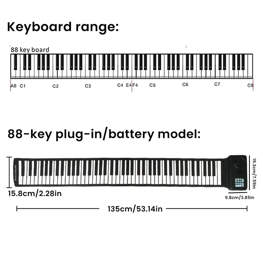 HGTUGO Silikon-Roll-Up-Klavier mit 88 Tasten, tragbare und faltbare elektronische Tastatur mit eingebautem Lautsprecher für Anfänger in Schwarz oder Weiß - Bild 4
