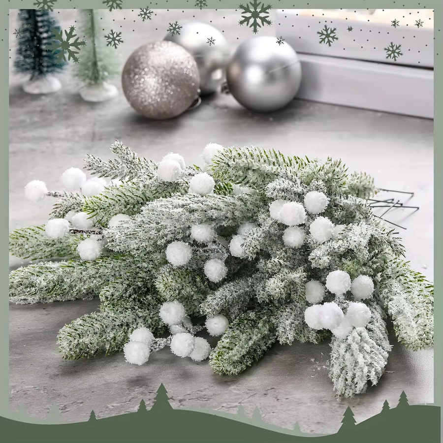 DUTRIEUX 12er Set künstliche Beeren und Zedernzweige in Weiß und Rot mit Frost-Effekt für Weihnachtsdekorationen und DIY-Kränze - Bild 2