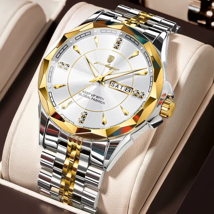 POEDAGAR Herren-Armbanduhr Edelstahl, Quarz, Gold, Datum, Wochentag - Bild 2