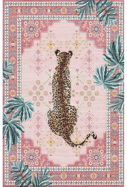 Personalisierter Teppich mit Gepardenmuster und Tierblumen von Lodestar, bunt (Grün, Blau, Pink), B/T: 80 x 120 cm - Bild 1