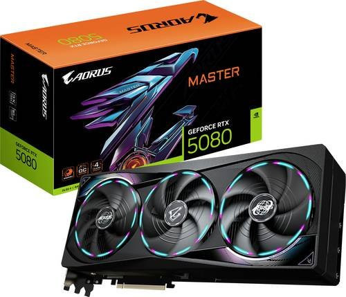 Gigabyte AORUS GeForce RTX 5080 MASTER Grafikkarte mit 16 GB GDDR7-RAM, PCIe x16, HDMI 2.1 und DisplayPort 2.1 in Schwarz - Bild 1