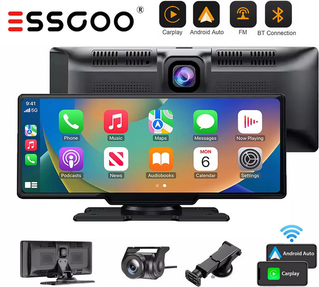 ESSGOO 4K Dashcam mit 10,26 Zoll Touchscreen, Dual-Objektiv Videorekorder mit kabellosem CarPlay und Android Auto, WLAN und Bluetooth, Schwarz - Bild 1