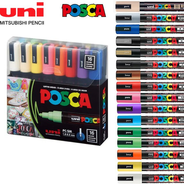 UNI POSCA Acrylmarker Set mit 16 Stück in Mehrfarben, Permanent und Wasserdicht für Graffiti und Zeichnungen - Bild 1