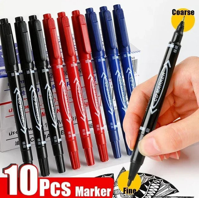 10er Set Twin Tip Permanent Marker mit feiner Spitze und wasserfester Tinte in Schwarz, Blau und Rot, Strichstärke 0,5-1 mm - Bild 1