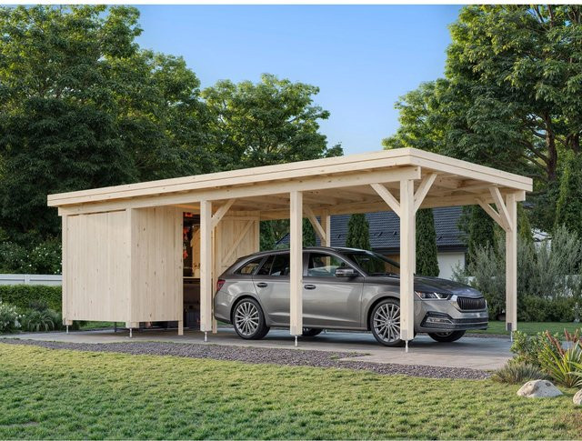 Palmako Carport Karl mit Geräteraum aus Fichtenholz, Flachdach, braun/transparent, B/T/H: 360 x 762 x 235 cm - Bild 1