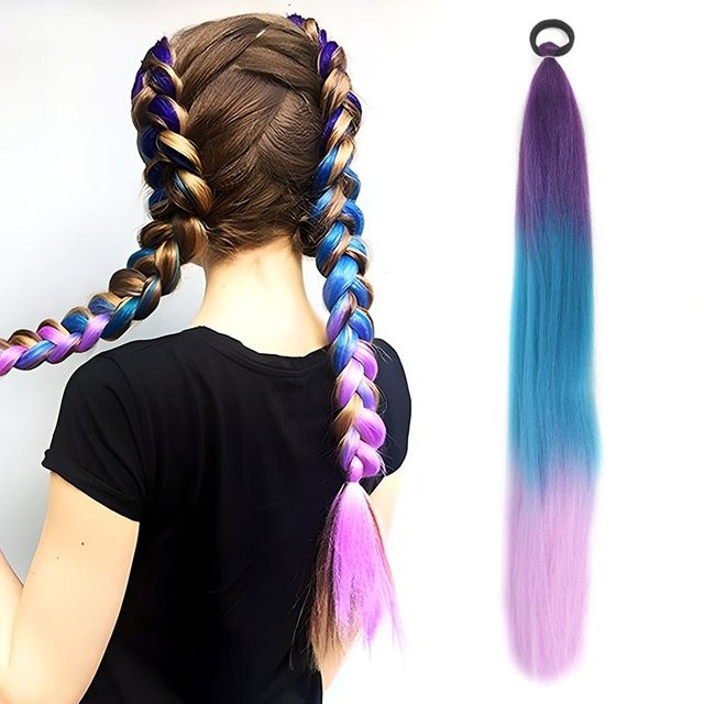 LUPU Synthetische Pferdeschwanz-Verlängerung, Ombre Rosa Lila Blau, 26 Zoll - Bild 1