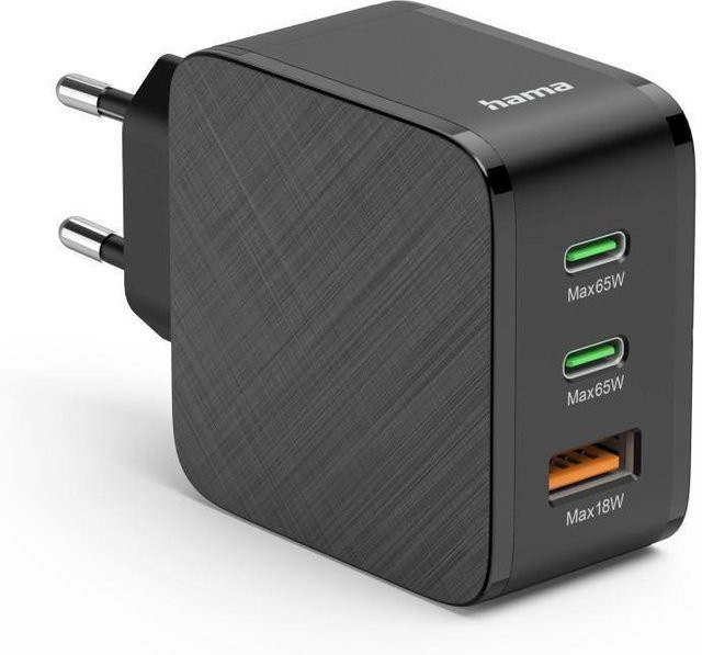 Hama Schnellladegerät mit 65 W, 2x USB-C PD und 1x USB-A QC, Schwarz - Bild 1