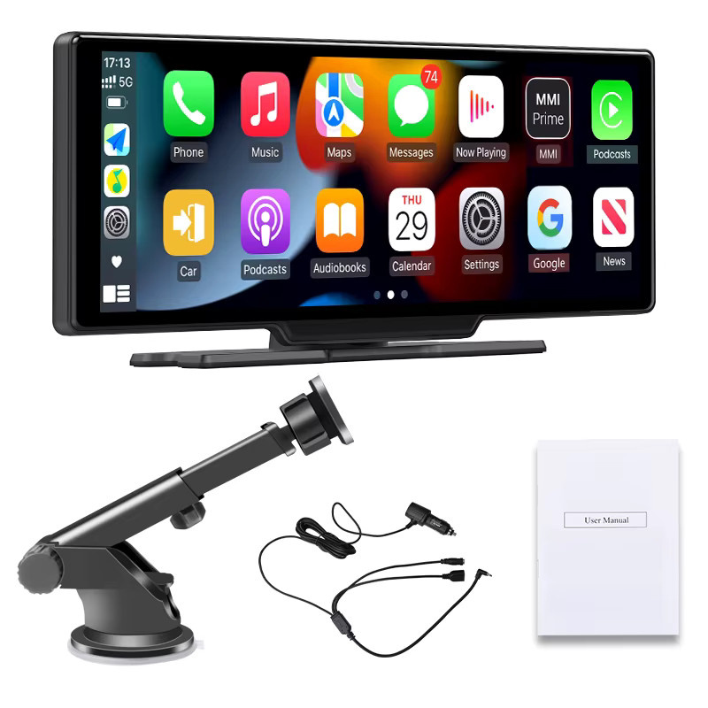 srnubi 10,26 Zoll Carplay Bildschirm für dein Auto mit kabellosem CarPlay und Android Auto, universeller Multimedia-Video-Player in Schwarz mit Bluetooth, AUX und FM - Bild 6