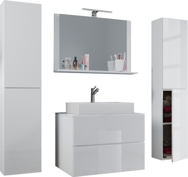 VCM Badmöbel Set Lendas XL in Weiß, 5-teilig mit Keramik-Waschtisch, Unterschrank, Spiegel und Seitenschränken, B/T/H: 80 x 52 x 52 cm - Bild 1