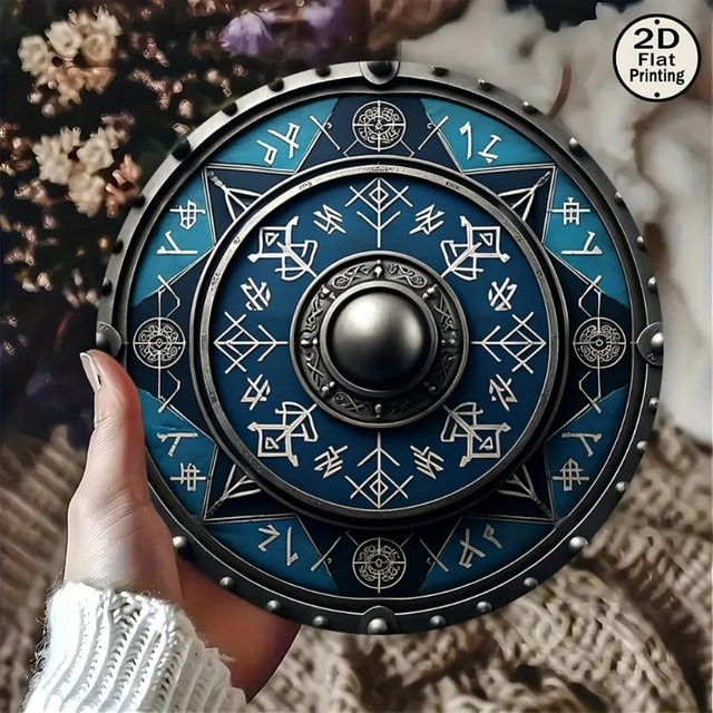 Potdemiel Wikinger-Schild Wandkunst aus Metall, rund, Blau und Schwarz, Durchmesser: 20,3 cm - Bild 1