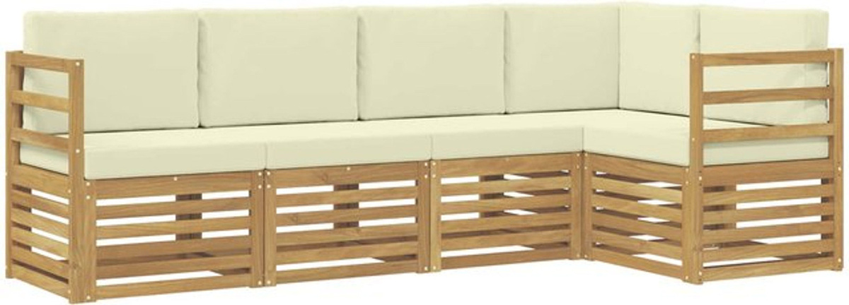 vidaXL Ecksofa Set mit 5 Kissen aus Massivholz Akazie in Weiß und Beige, modern und wendbar - Bild 1