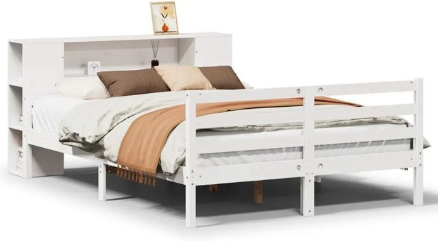 vidaXL Massivholzbett aus Kiefer mit Regal in Weiß, B/T/H: 135 x 190 cm - Bild 1