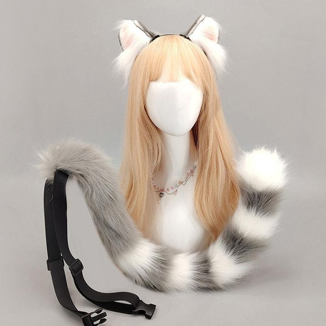 YIRAN American Curl Katzenohren-Stirnband mit Schwanz-Set, Grau - Bild 1