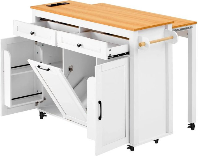okwish Kücheninsel mit ausziehbarem Esstisch und Rollen in Weiß, B/T/H: 120 x 40 x 75-92 cm - Bild 1