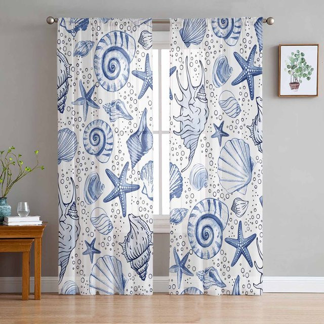 Transparente Tüll Vorhänge mit Ozean Seestern und Muschel Motiv in Weiß, Organza Gardinen für Wohnzimmer und Küche, Breite: 135 cm, Höhe: 115 cm - Bild 1