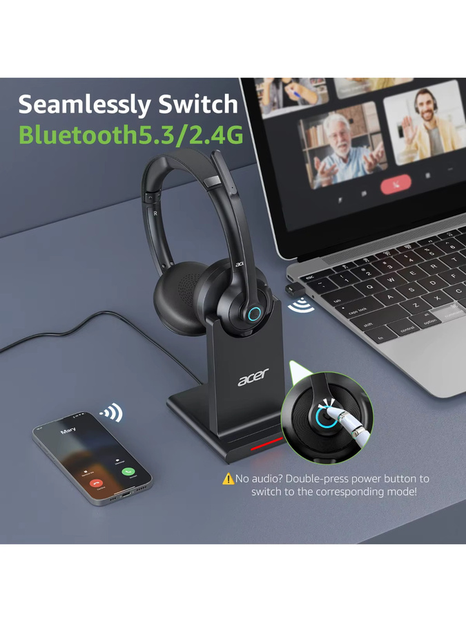 Acer HB02 Wireless-Headset mit Mikrofon, Dual-Mode Bluetooth 5.3 und 2,4G USB-Dongle, Schwarz - Bild 6