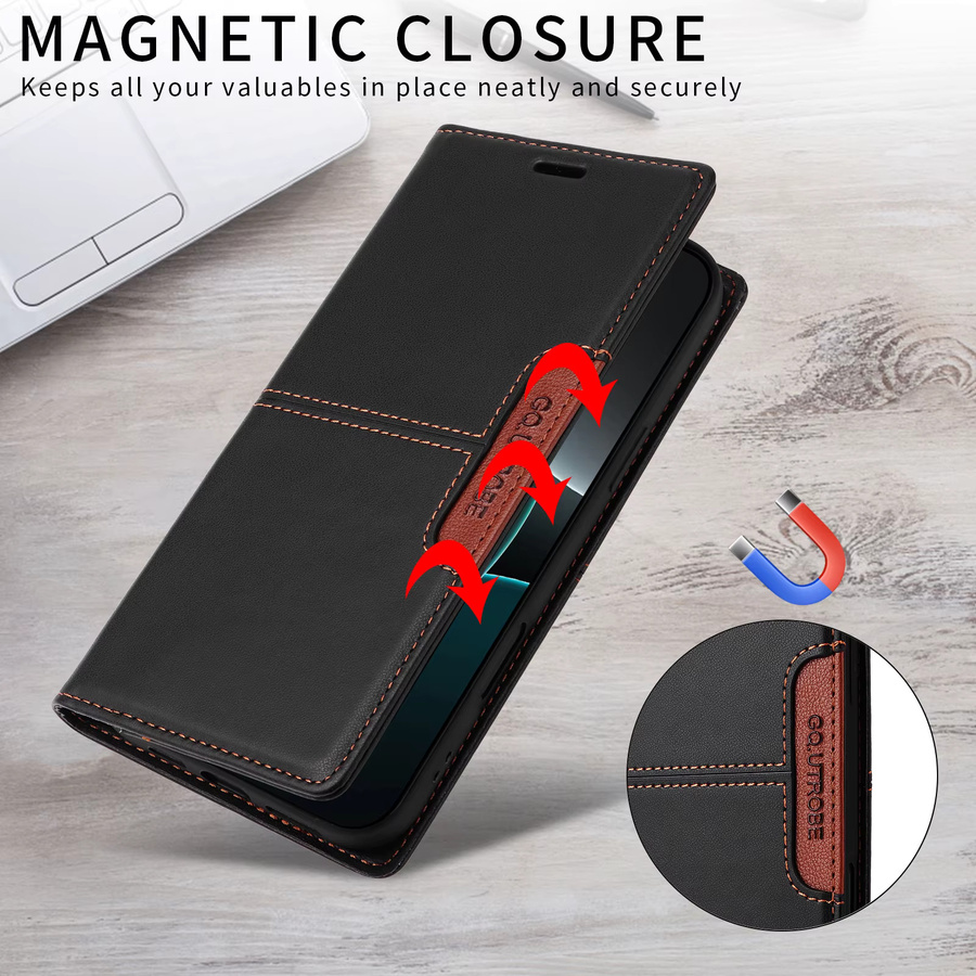 Magnetische Business Flip Wallet Ledertasche für iPhone 16 15 14 13 12 11 in Schwarz mit Kartenfach - Bild 4