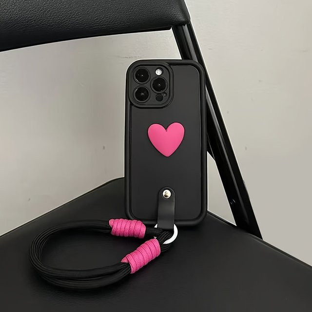 3D-Liebesherz-Handyhülle mit weichem Trageband für iPhone Modelle in Schwarz - Bild 1