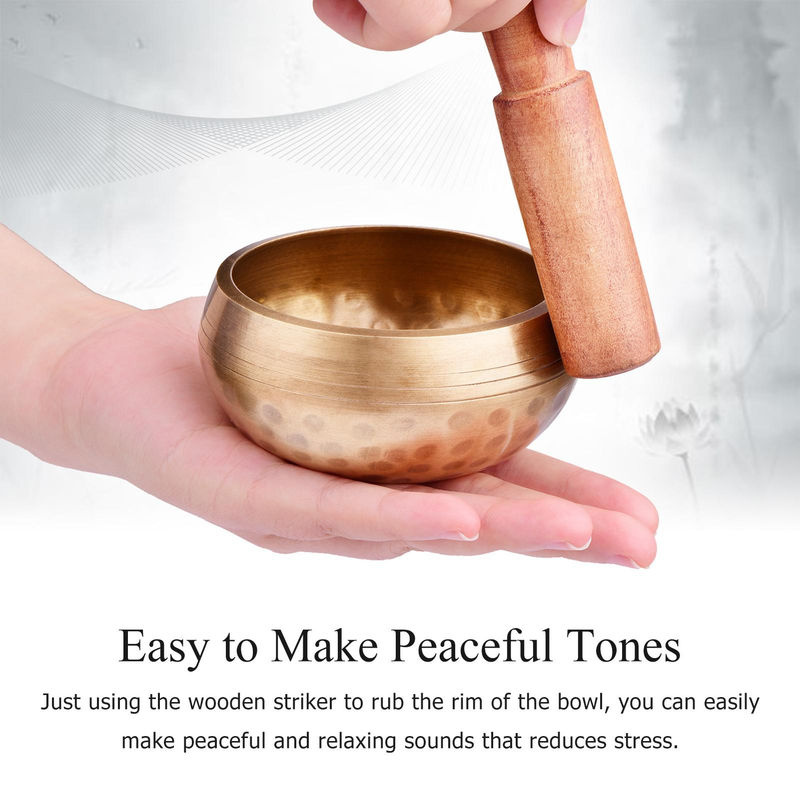 Muslady Tibetisches Klangschalen-Set für Meditation aus Metall in Gold mit Kissen und Holzschlägel, Durchmesser: 8 cm - Bild 7