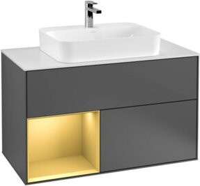 V&B Finion Waschtischunterschrank mit LED-Beleuchtung und Regalelement, Weiß/Gold/Anthrazit, Breite: 100 cm - Bild 1