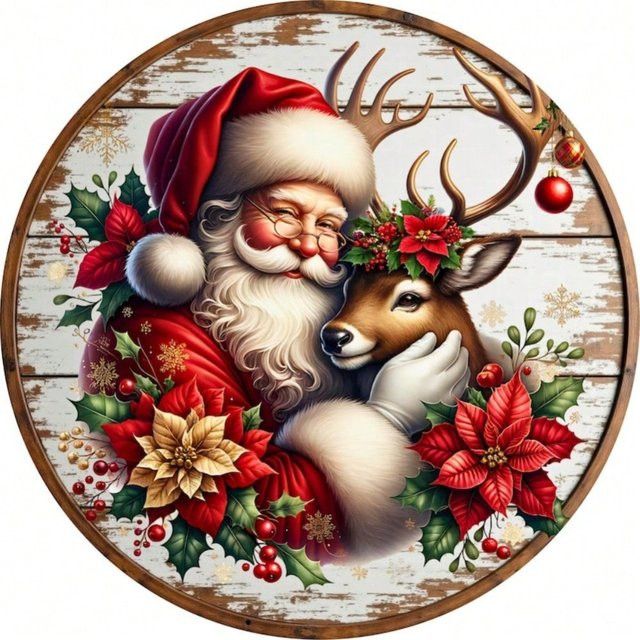 GG's Crafty Hands Rustikales Weihnachtsschild mit Rentier-Kranz aus Aluminium, rundes Wandregal für deine Weihnachtsdekoration - Bild 1