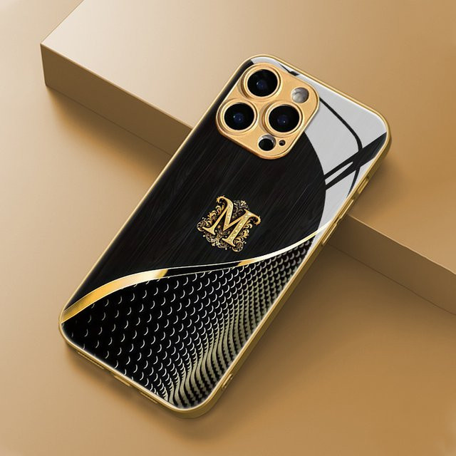 Mairuige Elegante Goldene Glas-Handyhülle mit Initialen M für iPhone 17 16 15 14 13 Pro Plus - Bild 1