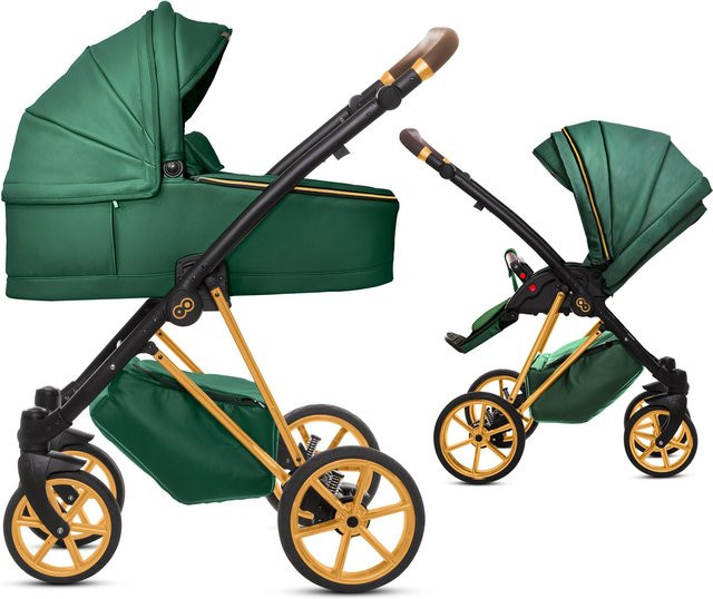 TPFLiving 2in1 Kinderwagen Royal aus Kunstleder in Grün mit goldenem Gestell - Bild 1