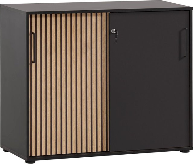 PROREGAL Aktenschrank Raven Large in Eiche-dunkel und Schwarz mit 2 abschließbaren Schiebetüren und Akustikpaneelen, H x B x T: 84 x 100 x 41 cm - Bild 1