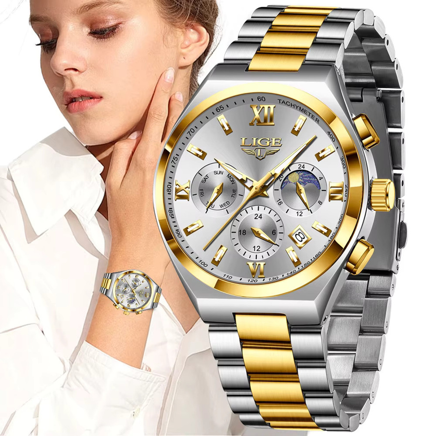 LIGE Armbanduhr Chronograph, Quarz, Edelstahl, Silber, Bicolor, Damen - Bild 4