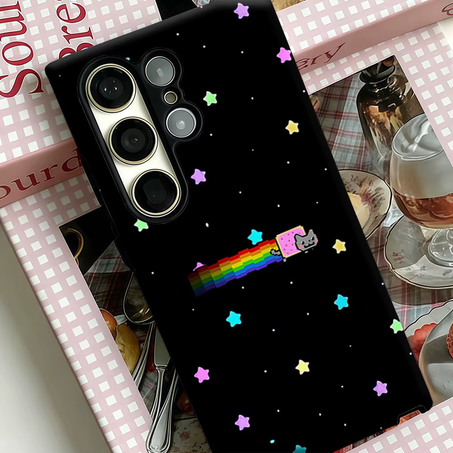Potdemiel Handyhülle Regenbogen-Weltraum-Katze für Samsung Galaxy S26 S25 S24 S23 Ultra Plus, stoßfeste Doppelschicht-Rückabdeckung, mehrfarbig - Bild 4