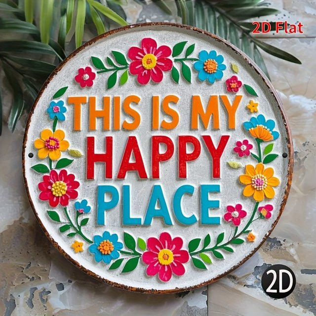 Potdemiel Willkommensschild Happy Place mit Blumenmuster, Metall-Flachraumdekoration, Mehrfarbig, B/H: 20,3 x 20,3 cm - Bild 1
