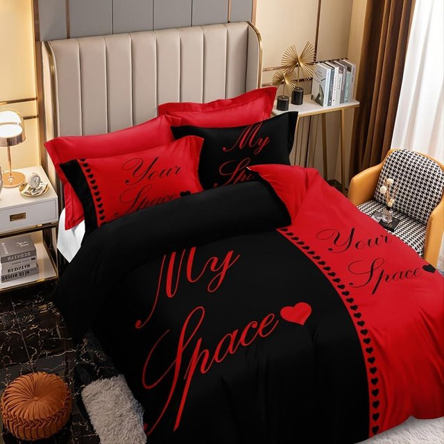 Bettwäsche-Set Your Warm Home in Schwarz-Rot mit grafischem Design, bestehend aus 1 Bettbezug und 2 Kissenbezügen, B/T/H: 90 x 200 cm und 50 x 70 cm - Bild 1
