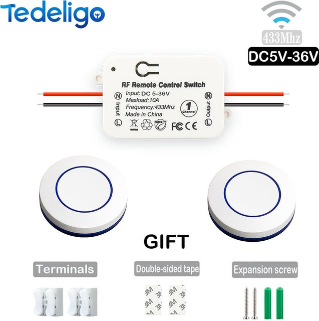 Tedeligo RF 433 MHz Drahtloser Lichtschalter als Push Button Wandschalter mit LED, Farbe: Weiß, DC 12 V 24 V 36 V 10A - Bild 1