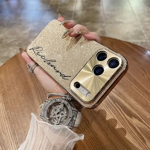 Personalisierte Glitzer-Handyhülle mit individuellem Namen für Apple iPhone 13 14 15 16 17 Pro Max Air in Gold - Bild 1